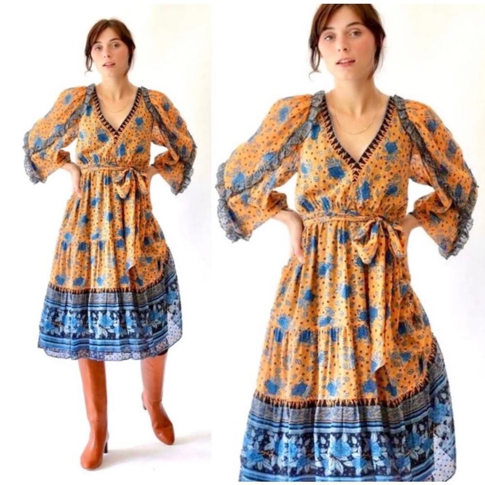 Ulla Johnson Romilly Silk Yellow Floral Ruffle Dress Boho Cottage Prairie 2 Midi